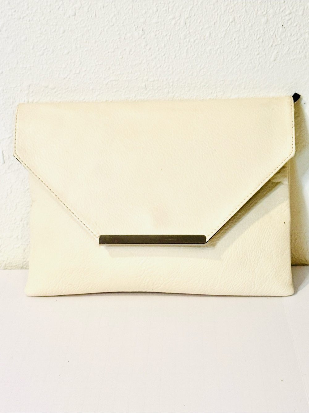Forever 21 Cream Envelope Clutch with Silver Bar Accent